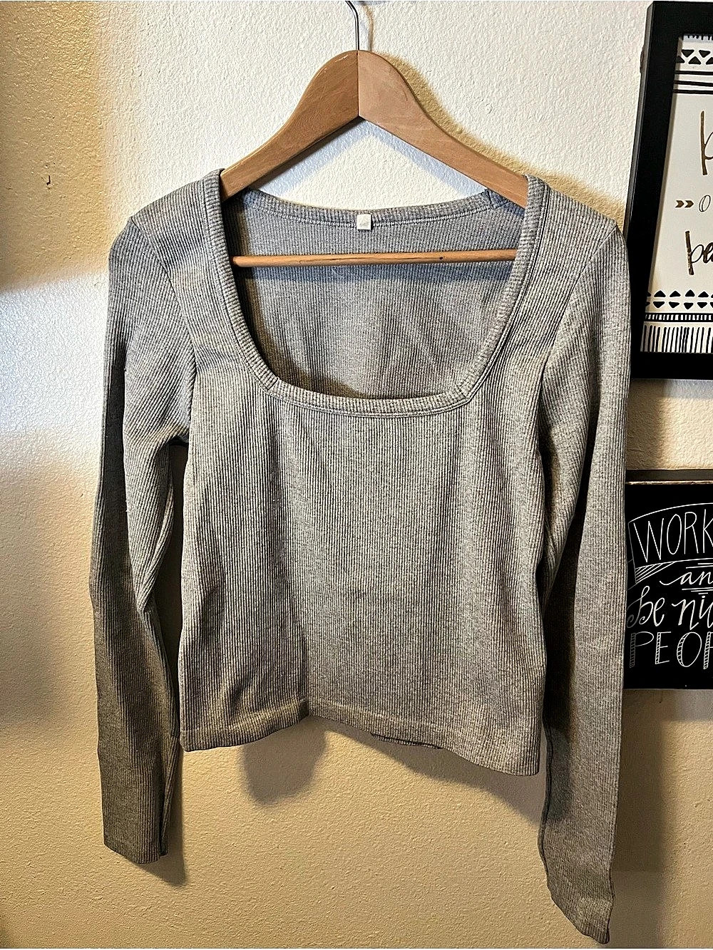 Ribbed Seamless Square Neck Long Sleeve Top Gray Striped